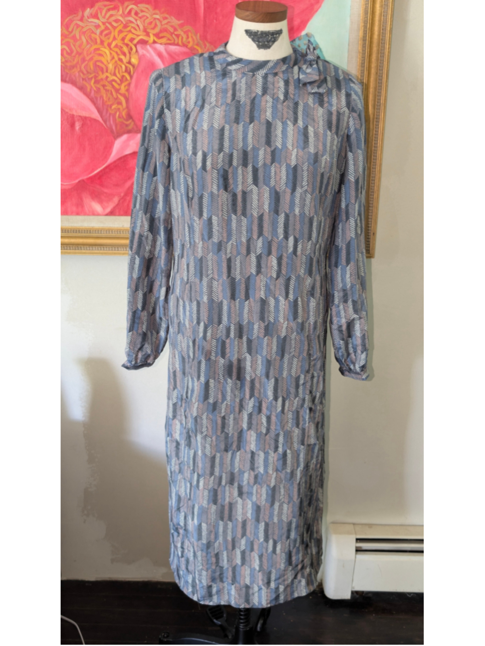 Women's Vintage Long Sleeve Geometric Print Midi Dress Blue Grey